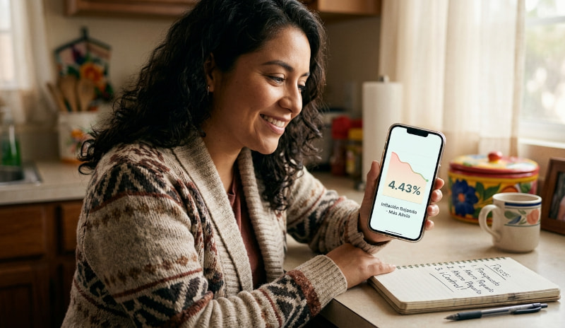 Mujer mexicana sonríe al ver en su celular que la inflación bajó al 4.43%, sentada en su cocina con un cuaderno de apuntes financieros para organizarse.